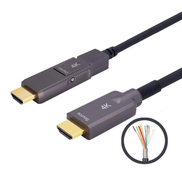Armored HDMI 2.0 Type A to Micro HDMI (Type D) 10m (33ft) Active Optical Cable, 4K@60Hz, 18Gbps, Industrial Grade